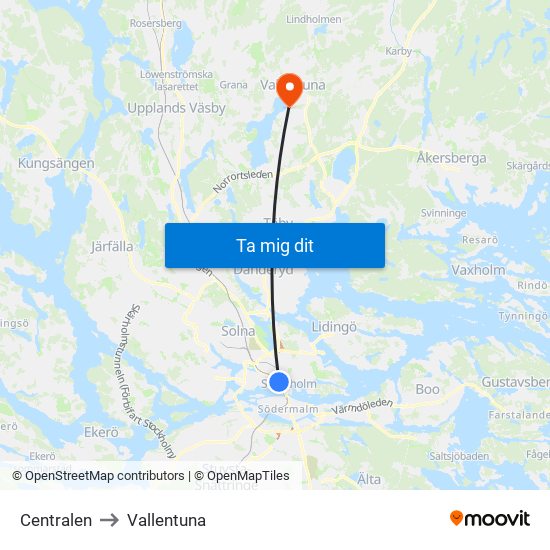 Centralen to Vallentuna map