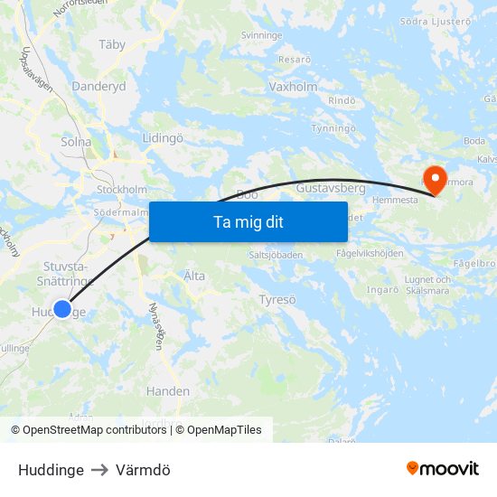 Huddinge to Värmdö map