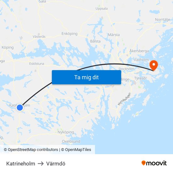 Katrineholm to Värmdö map