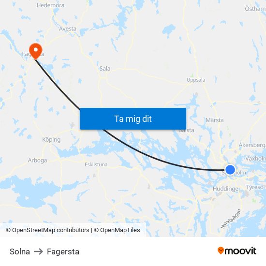 Solna to Fagersta map