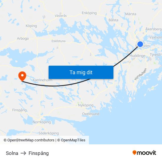 Solna to Finspång map