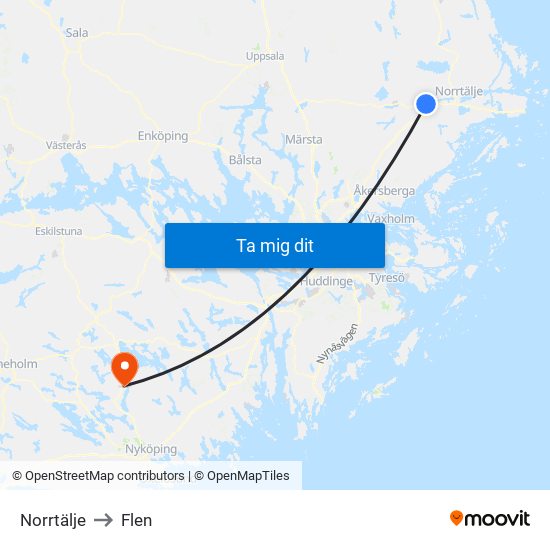 Norrtälje to Flen map