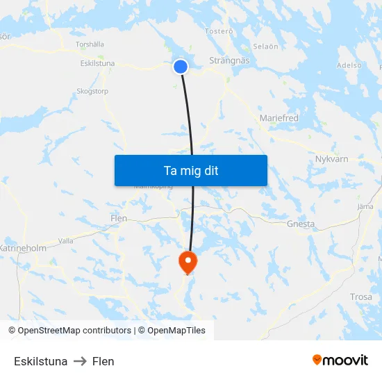 Eskilstuna to Flen map