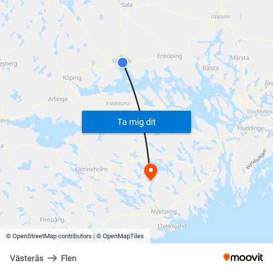 Västerås to Flen map
