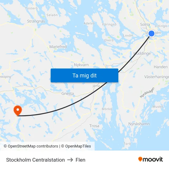 Stockholm Centralstation to Flen map