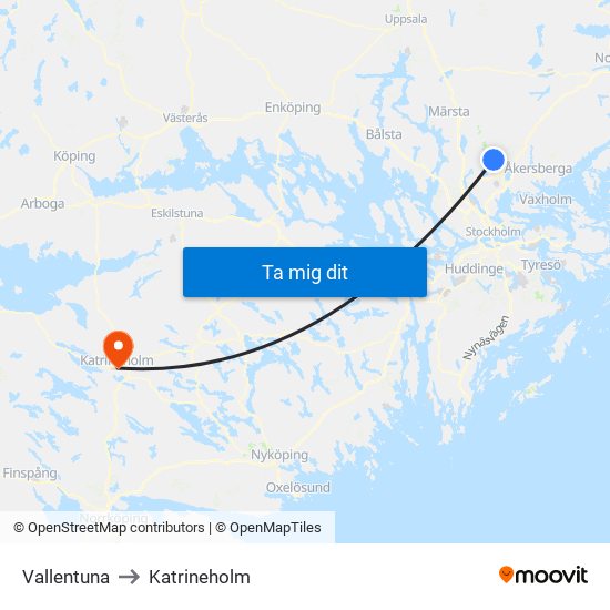 Vallentuna to Katrineholm map