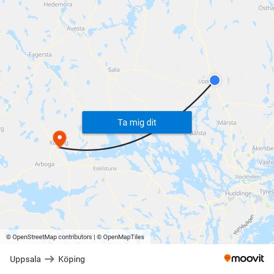 Uppsala to Köping map