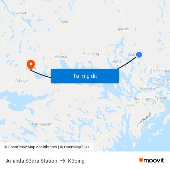 Arlanda Södra Station to Köping map