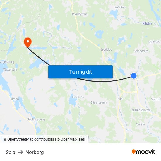 Sala to Norberg map
