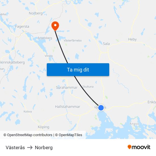 Västerås to Norberg map