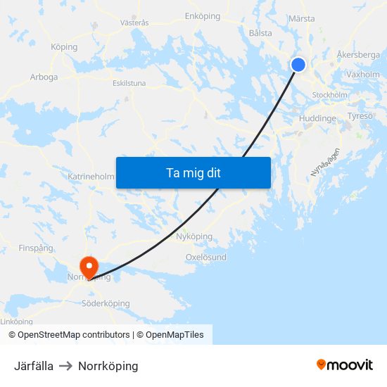 Järfälla to Norrköping map