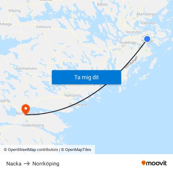 Nacka to Norrköping map