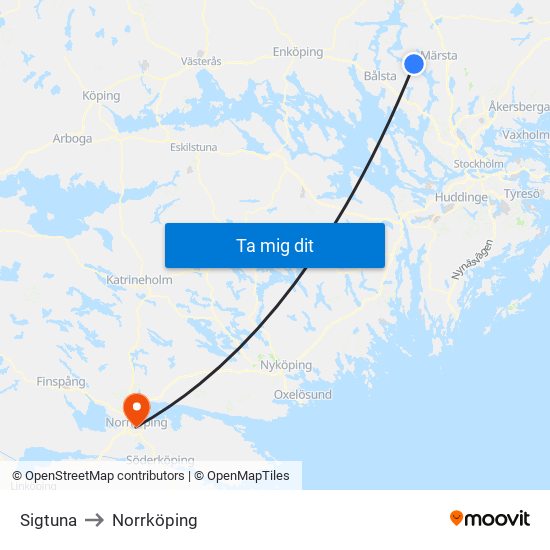 Sigtuna to Norrköping map