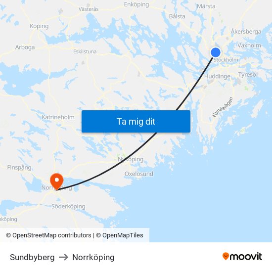 Sundbyberg to Norrköping map