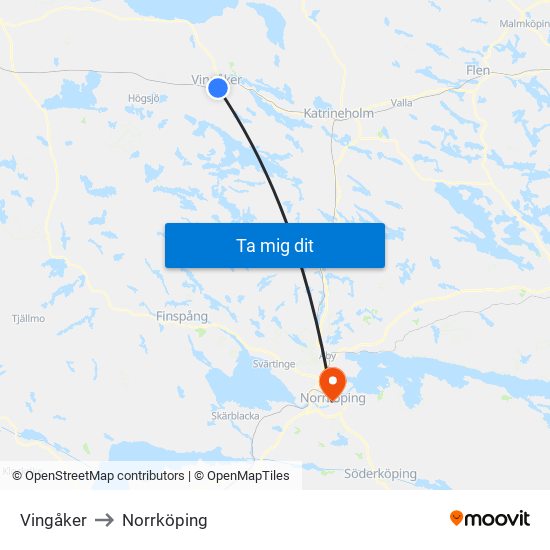 Vingåker to Norrköping map