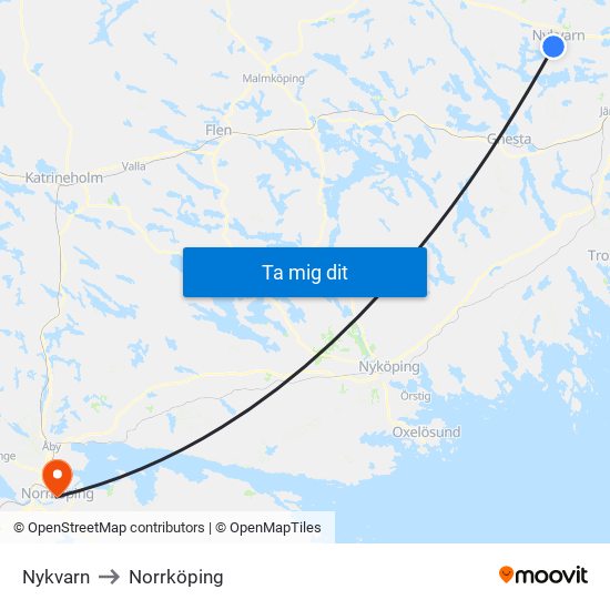 Nykvarn to Norrköping map