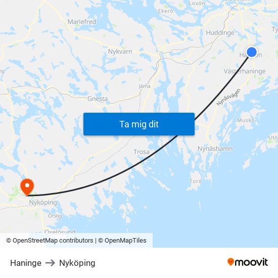 Haninge to Nyköping map