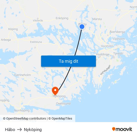 Håbo to Nyköping map