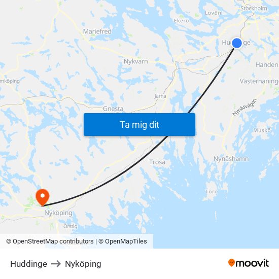 Huddinge to Nyköping map