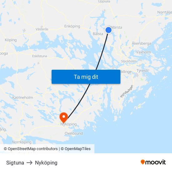 Sigtuna to Nyköping map