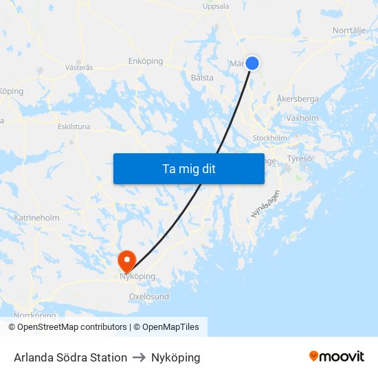 Arlanda Södra Station to Nyköping map