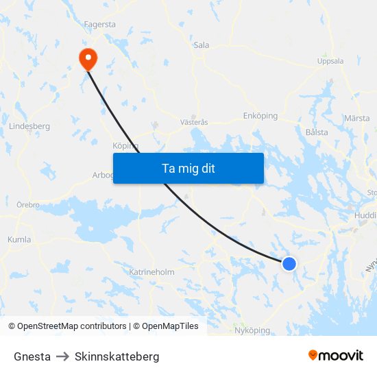 Gnesta to Skinnskatteberg map