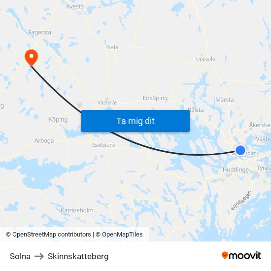 Solna to Skinnskatteberg map