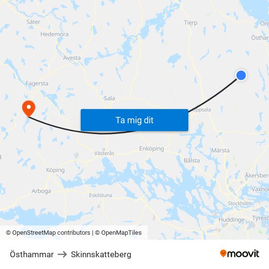 Östhammar to Skinnskatteberg map