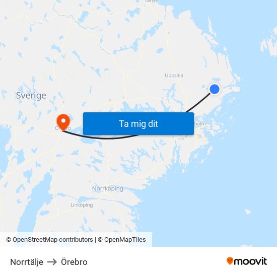Norrtälje to Örebro map