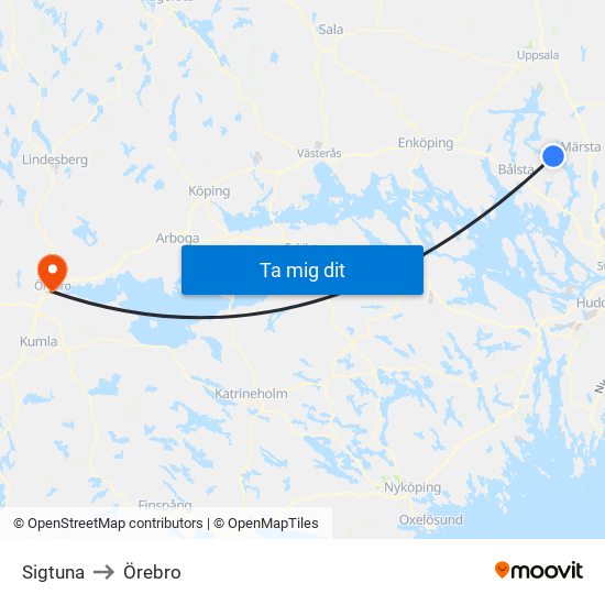 Sigtuna to Örebro map