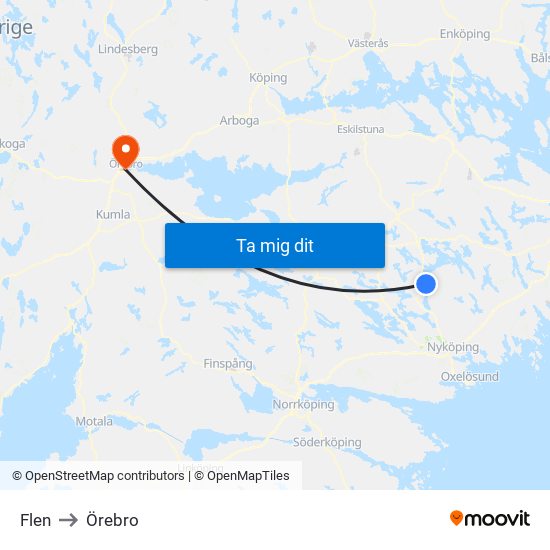 Flen to Örebro map