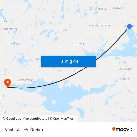 Västerås to Örebro map