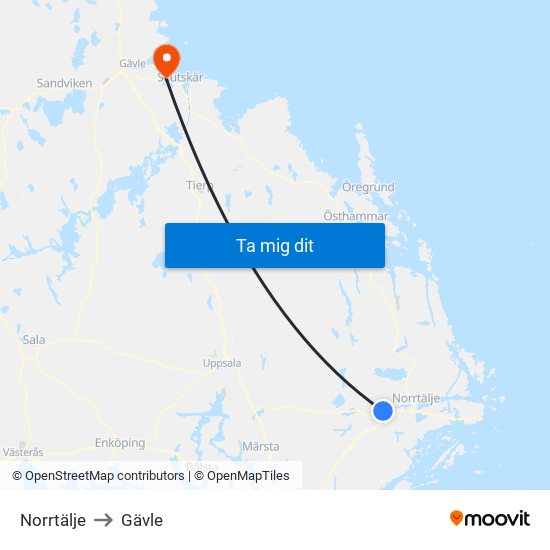 Norrtälje to Gävle map