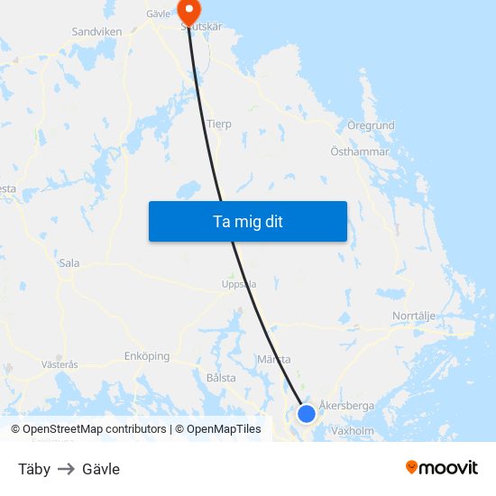 Täby to Gävle map