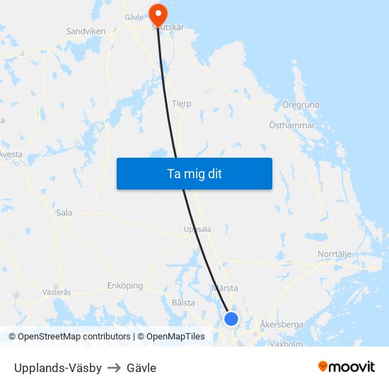 Upplands-Väsby to Gävle map