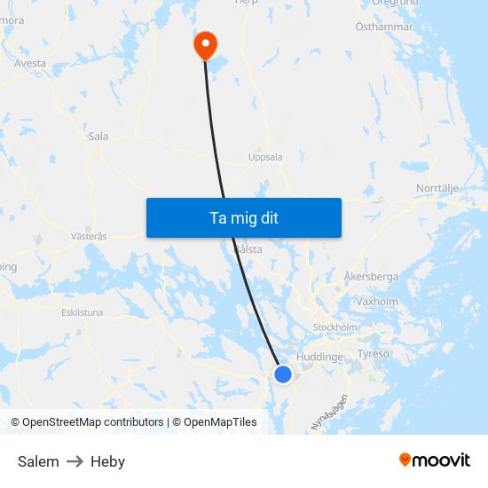 Salem to Heby map