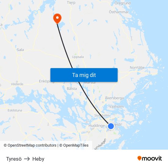 Tyresö to Heby map