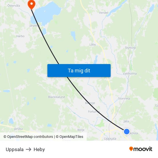 Uppsala to Heby map