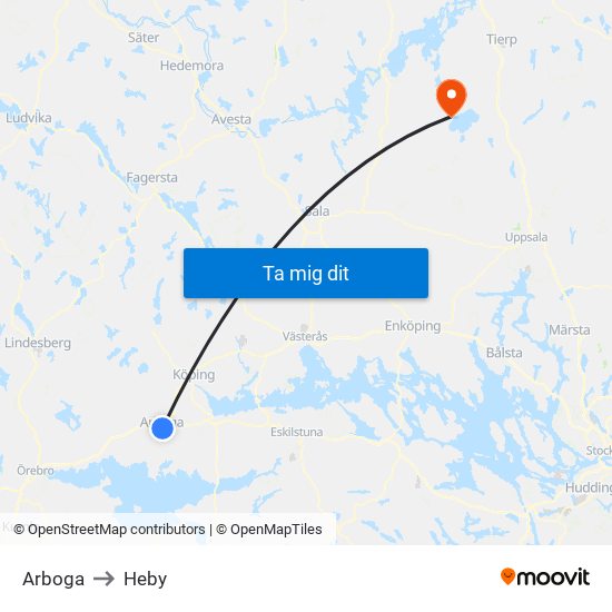 Arboga to Heby map