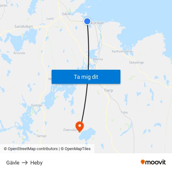 Gävle to Heby map