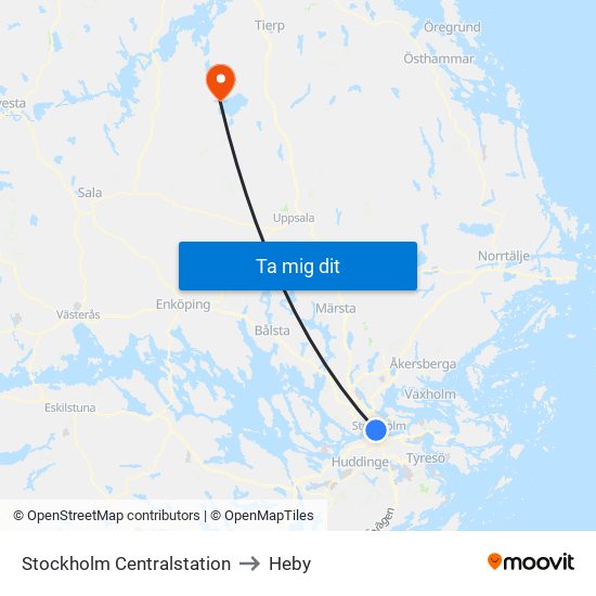 Stockholm Centralstation to Heby map