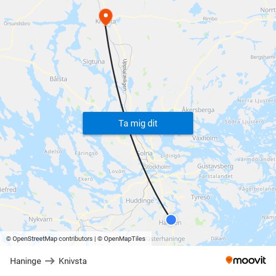 Haninge to Knivsta map