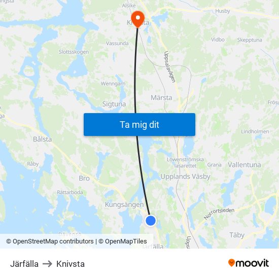 Järfälla to Knivsta map