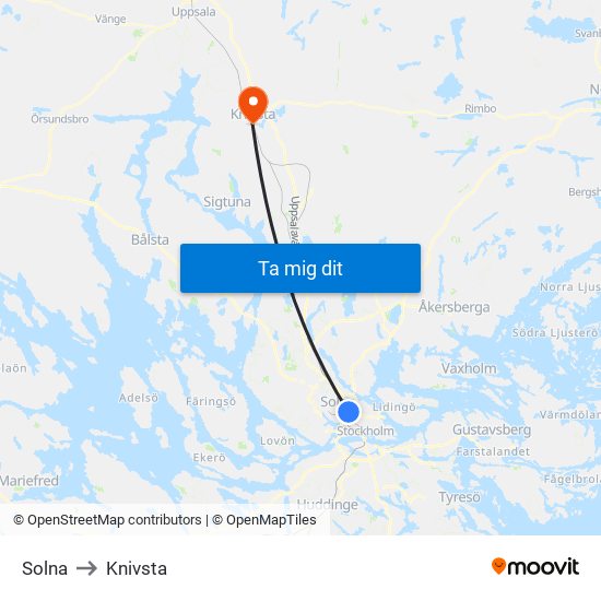 Solna to Knivsta map