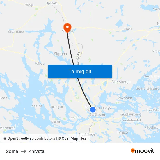 Solna to Knivsta map