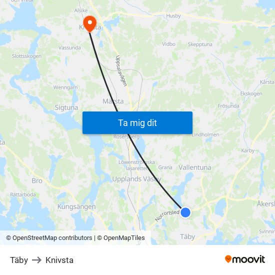 Täby to Knivsta map