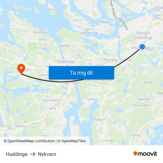 Huddinge to Nykvarn map