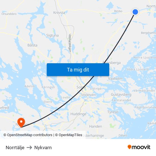 Norrtälje to Nykvarn map