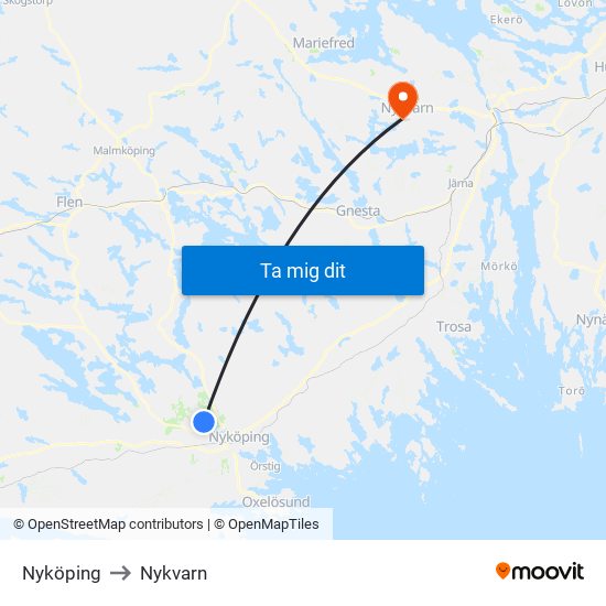 Nyköping to Nykvarn map