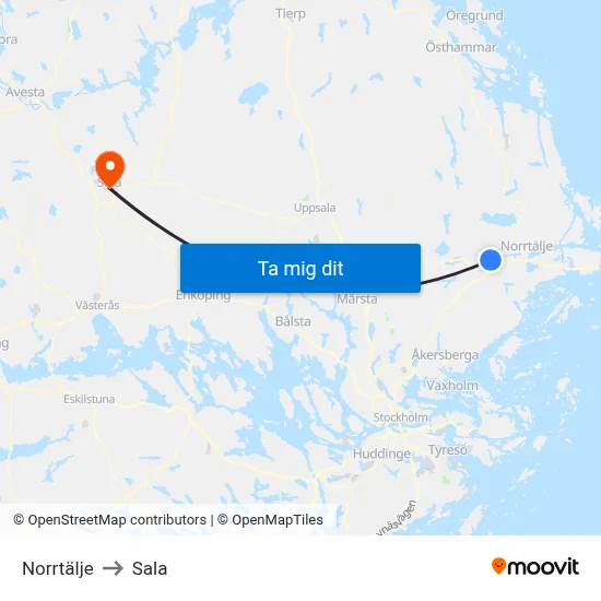 Norrtälje to Sala map